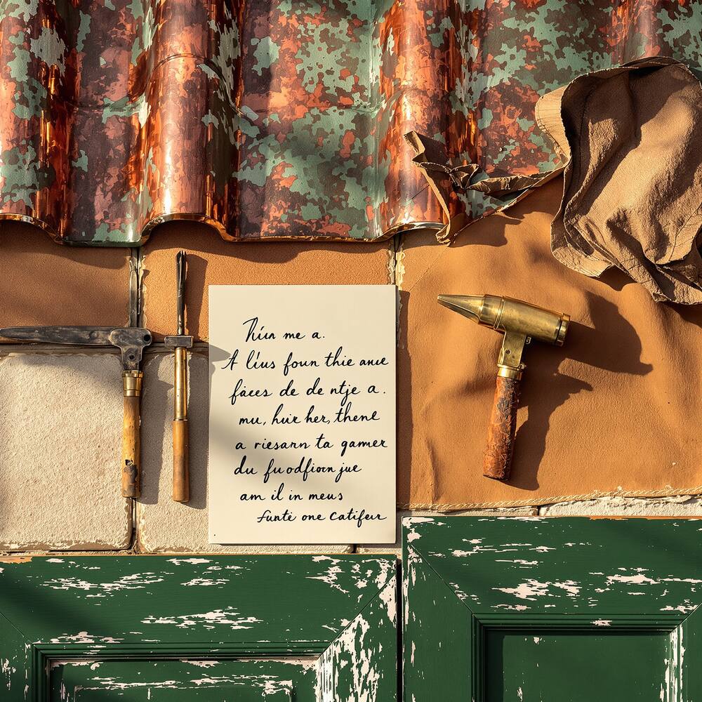 Still-life d'atelier : tuile cuivre patiné, outils en laiton, papier crème