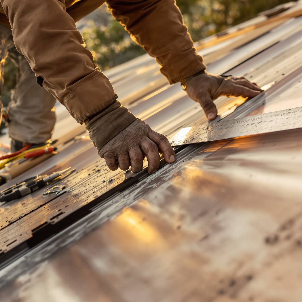 Mains d'artisan couvreur travaillant le zinc, lumière chaude